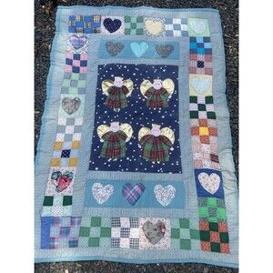 Vintage Handmade Patchwork Lap Crib Quilt  41" x 60 Hearts Angels Holiday
